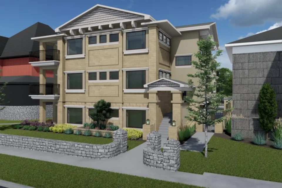 A conceptual rendering of a three story condominium development.